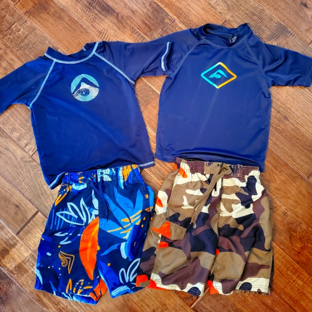 Kanu Surf Rash Guards size XS(6), Swim Trunks M(5/6) Bundle